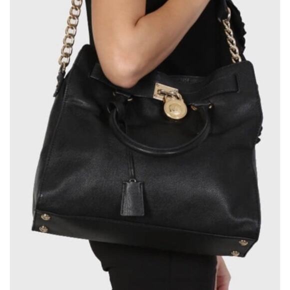 Michael Kors Hamilton Black Leather Satchel Shoulder Bag Tote Bag Gold Chain - Picture 2 of 13